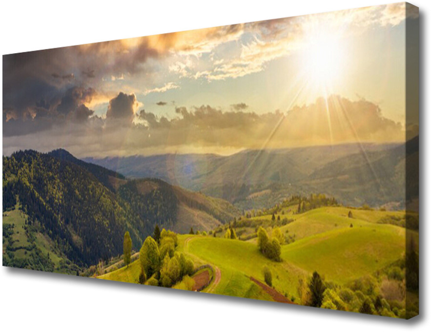 PL Tulup Obraz Canvas Góry Łąka Zachód Słońca 125x50cm