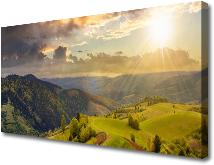 PL Tulup Obraz Canvas Góry Łąka Zachód Słońca 140x70cm
