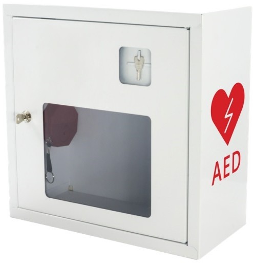 PROJEKT AED ASB1011 - metalowa szafka z alarmem dźwiękowym + kluczyk na defibrylator wewnątrz budynku - 37 x 37 x 17 cm.