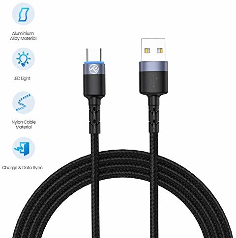 Tellur kabel danych, USB to typ C, LED, nylonowy Braided, 1,2 m, czarny TLL155363