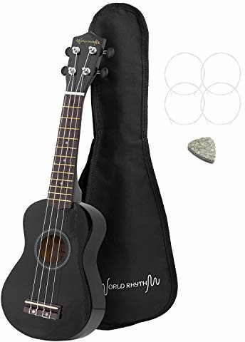 World Rhythm World Rhythm Ukulele sopranowe  Premium Sopran Uke w czarnym wykończeniu z workiem na Gig Bag, zapasowe struny do ukulele i kostką filcową  wyposażone w struny Aquila WR-305