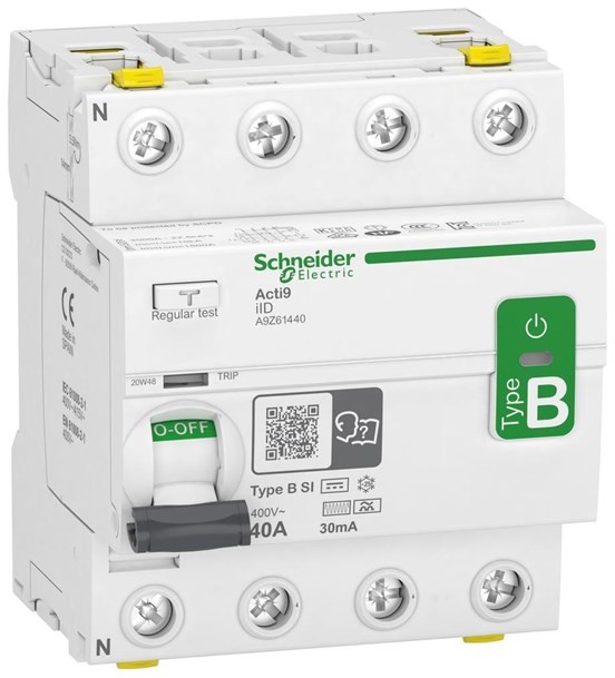 Schneider Electric Acti9 rccb earth leakage protection 4p 40a 30ma b-class-si super immun ac/dc for inst with 3p speed drive and inverter due to dc current A9Z61440