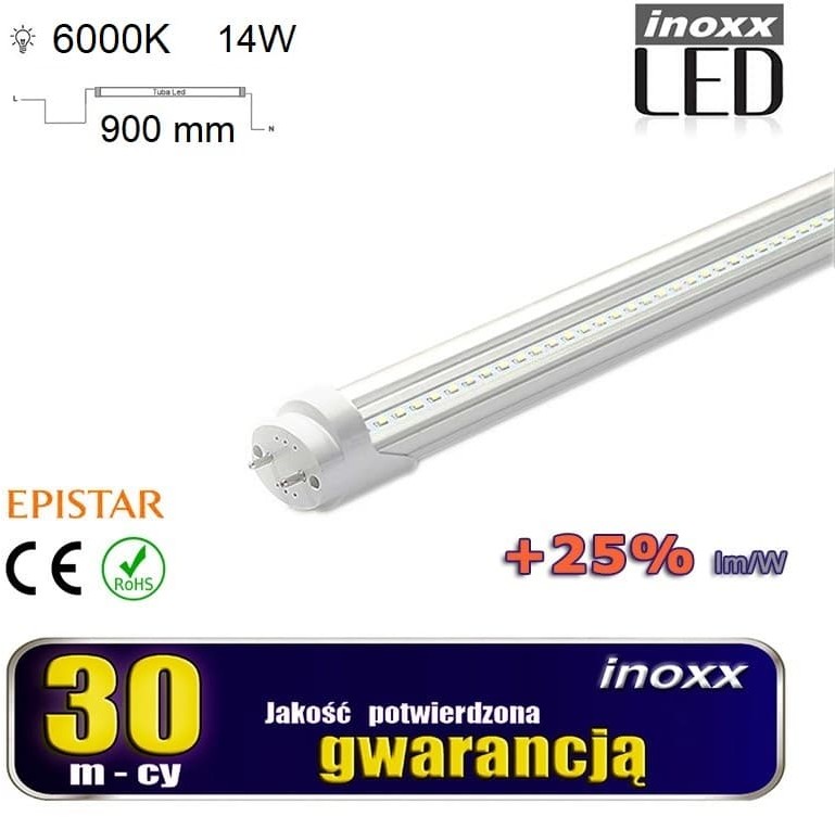 NVOX Świetlówka led 90cm 14w t8 6000k g13 zimna przezroczysta INOXX 90T8K6000 AL TR FS