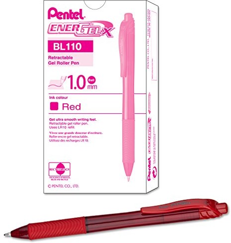 Pentel BL110 Gel Ink Roller EnerGel z mechanizm druku 0,5 MM grubość kreski (1,0 MM średnica kuli) 12er Pack, czerwony BL110-B