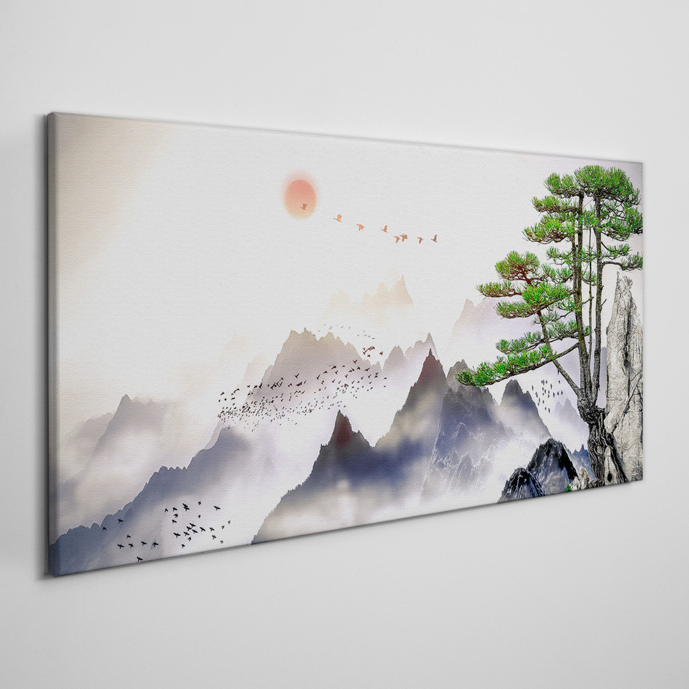 PL Coloray Obraz na Płótnie Góry Mgła Słońce Drzewo 140x70cm