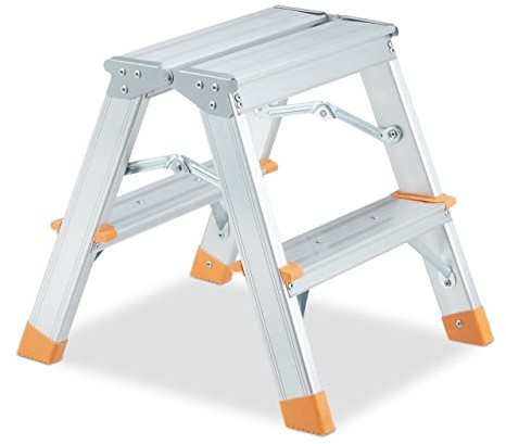 Relaxdays Relaxdays Drabina schodowa, aluminiowa, składana, 2 stopnie, drabina do 150 kg, obustronna, drabina stojąca, srebrna/pomarańczowa 10038588_991