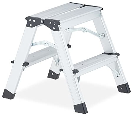 Relaxdays Relaxdays Drabina schodowa, 2 stopnie, składana drabina, aluminiowa, możliwość wchodzenia po obu stronach, do 120 kg, drabina stojąca, srebrna/czarna 10038587_991