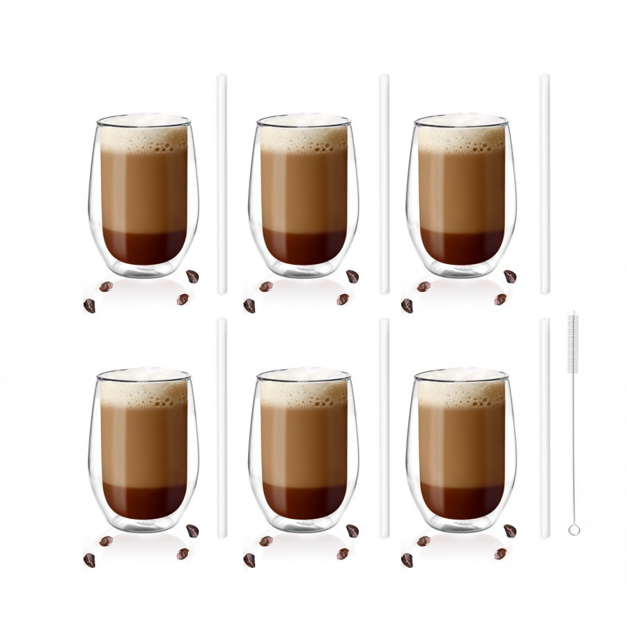 Vialli Design Zestaw 6 szklanek Amo 400ml i 6 słomek szklanych 20cm białych 7169 27169
