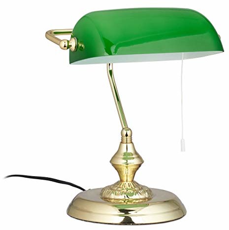 Vintage Relaxdays lampa bankierska z wyłącznikiem pociąganym, zielony abażur, okrągły cokół, styl szkło, wys. : 31x22,5x18,5cm, mosiądz 10022848