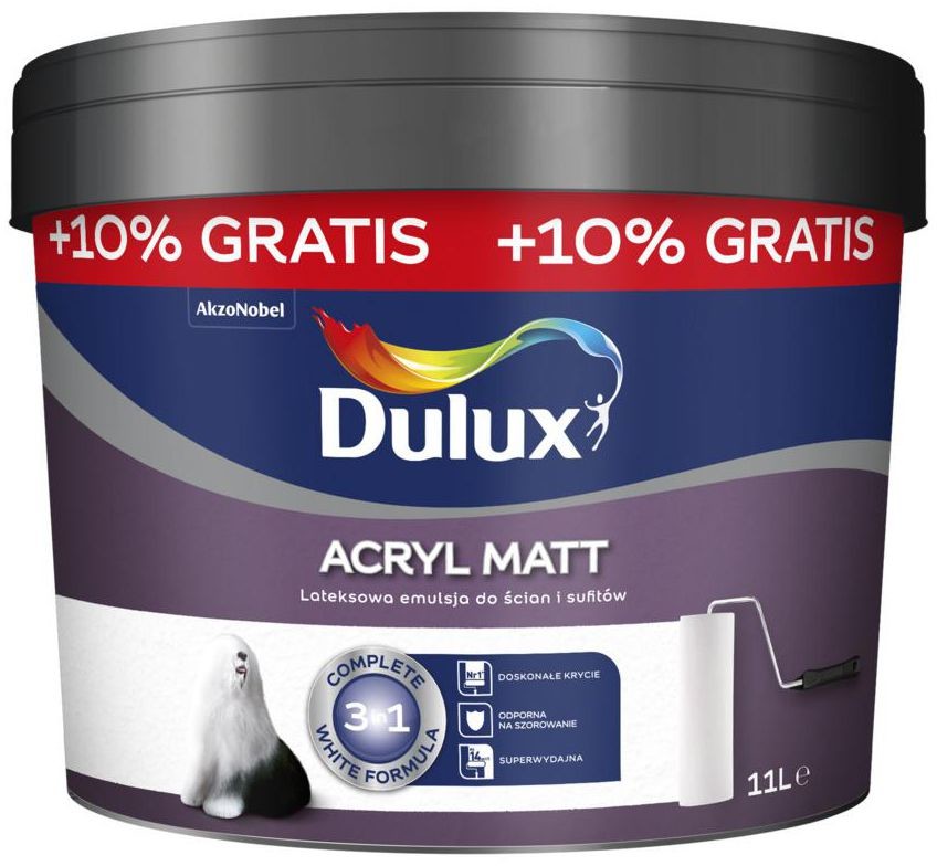 Dulux Farba wewnętrzna ACRYL MATT 10 l + 10% Biała