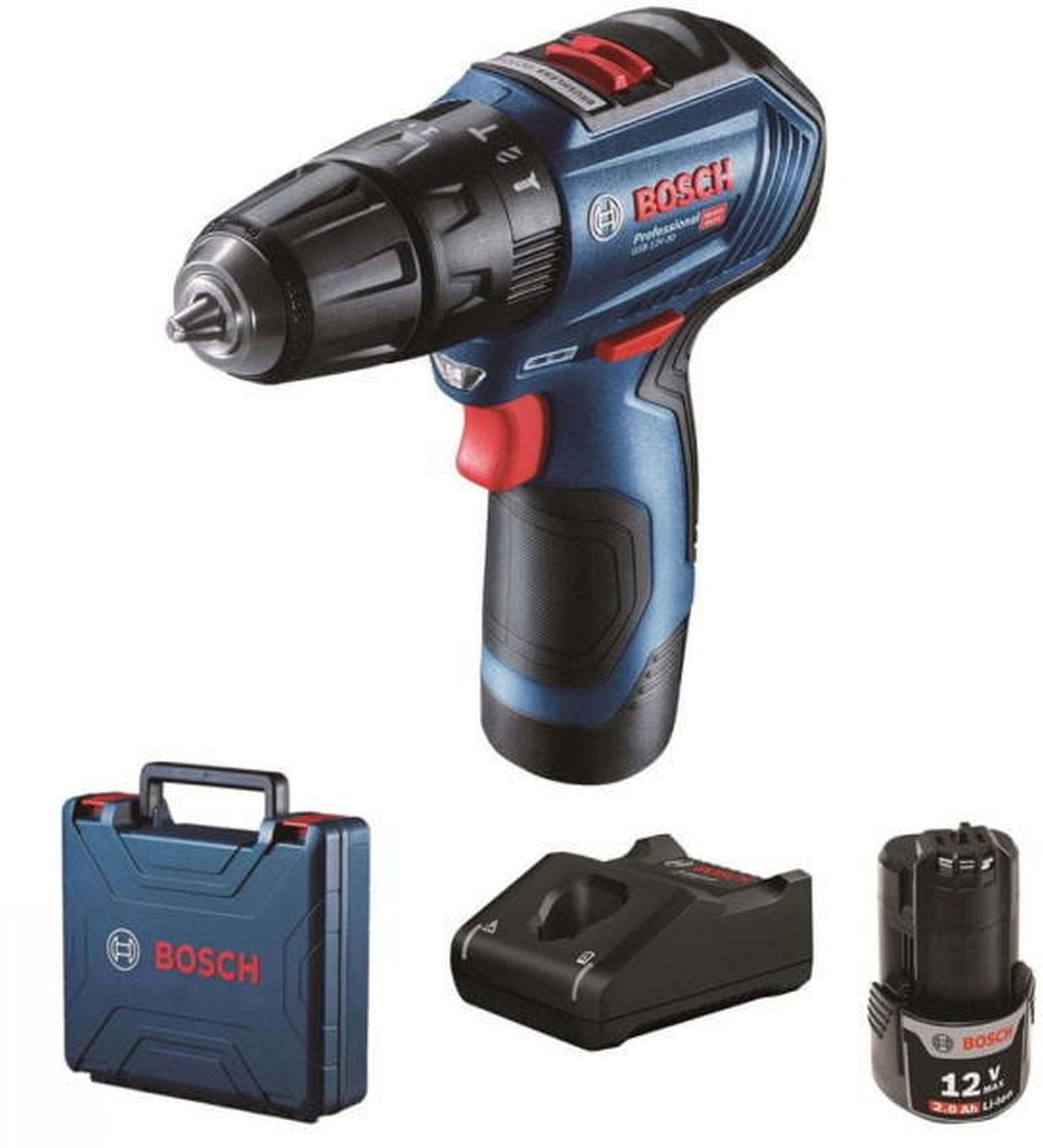 Bosch GSB 12V-30 Akumulatorowa wiertarko-wkrętarka udarowa, 12V, 2x 2,0Ah 06019G9100