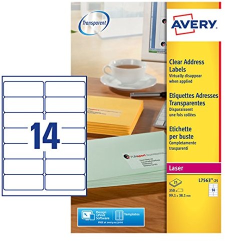 Avery etykiety adresowe drukarka laserowa/LED 14 Pro arkuszy, 99,1 X 38,1 MM, 350 sztuk przezroczysty L7563-25