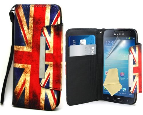 Accessory Master etui ochronne z klapką (ze skóry syntetycznej, książka wzornictwo, motyw UK-flaga) + folia ochronna na wyświetlacz do Samsung Galaxy S4 Mini i9190 5055716349627