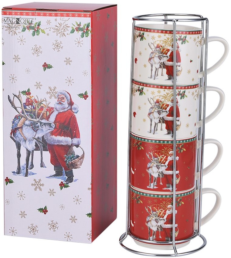 Marco Polo SJ Kubki Świąteczne Porcelanowe W Stojaku Magic Christmas Snow Biało-Czerwone 330 Ml 4 Szt
