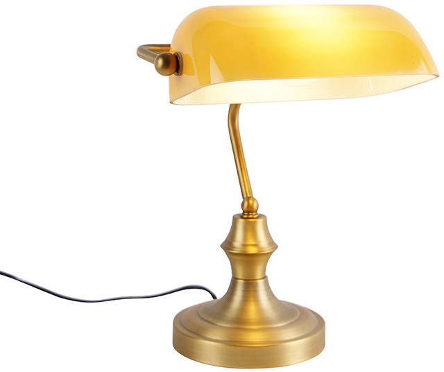 QAZQA Klassieke notarislamp brons met amber glas - Banker 102604