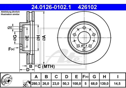 ATE TARCZA HAM 24.0126-0102.1 VOLVO V70 2.0, 2.5 97-00, 2.4 99-00  24.0126-0102.1