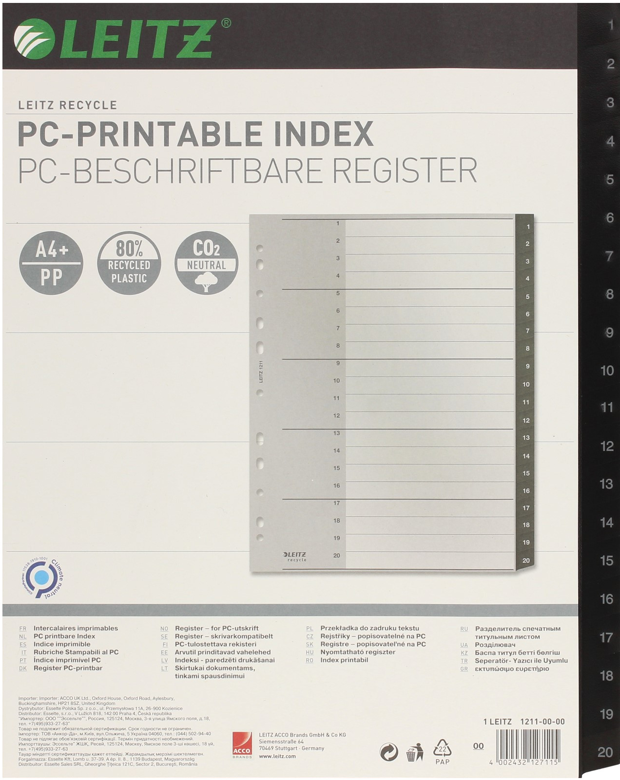 Leitz Przekładki PP A4 1-20 czarne Recycle