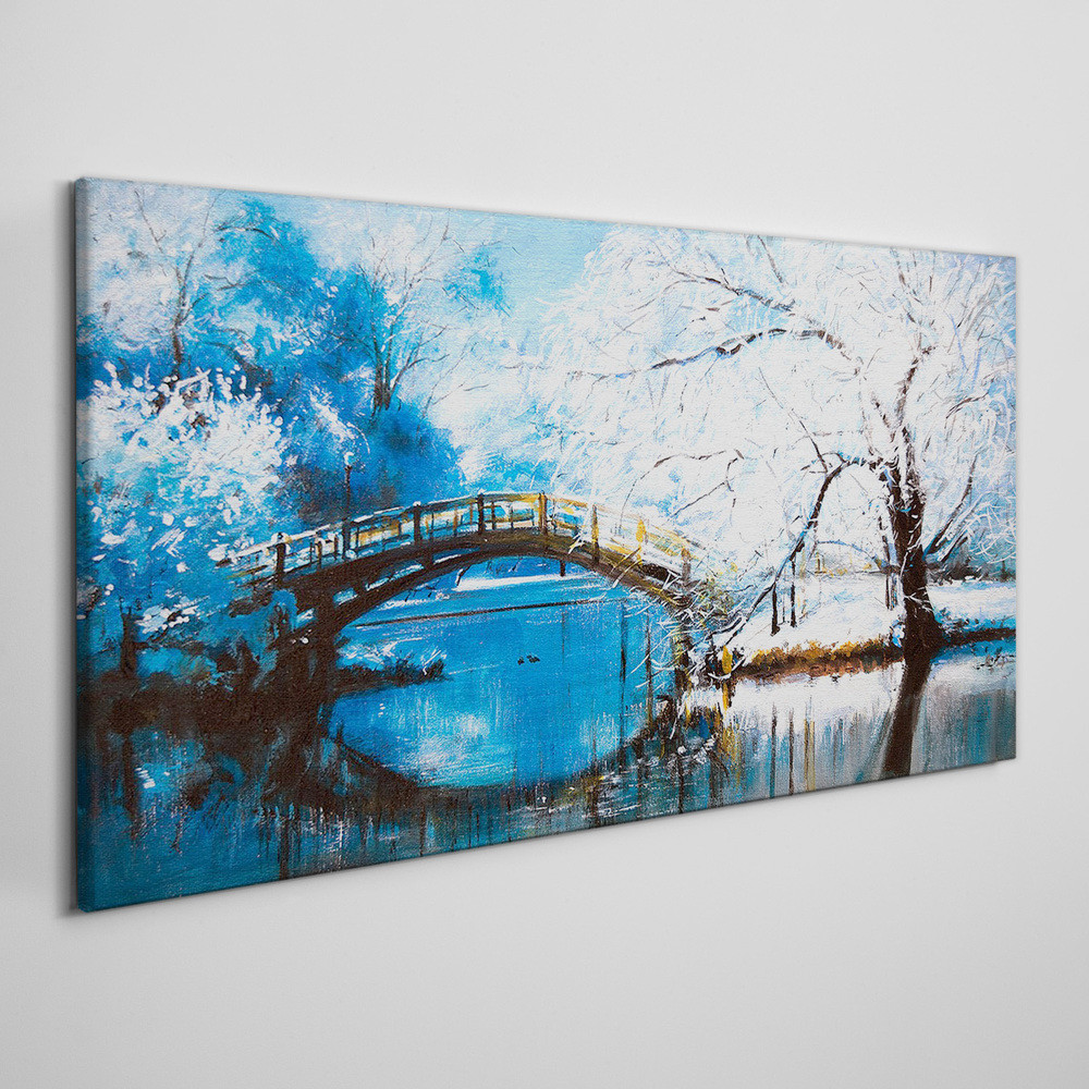 PL Coloray Obraz na Płótnie zima rzeka drzewa most 140x70cm