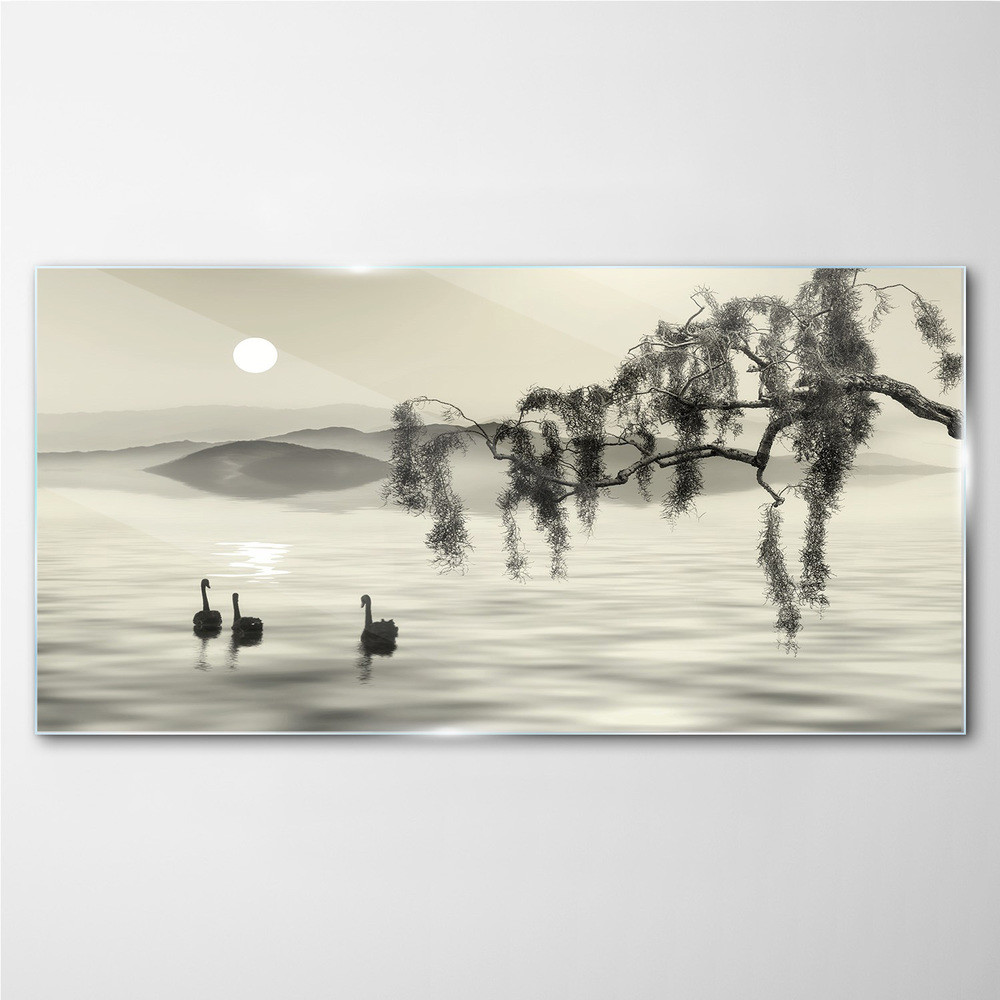 PL Coloray Obraz Szklany jezioro drzewo zwierzę ptak 100x50cm