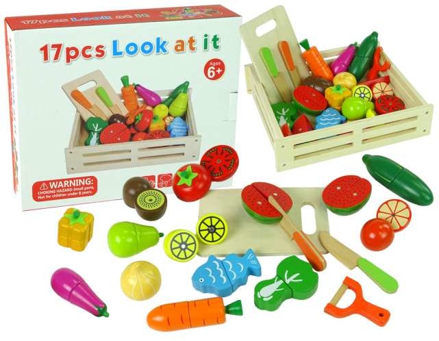 LEANToys Owoce Warzywa Drewniane w Skrzyni Na Magnes Kuchnia 9246