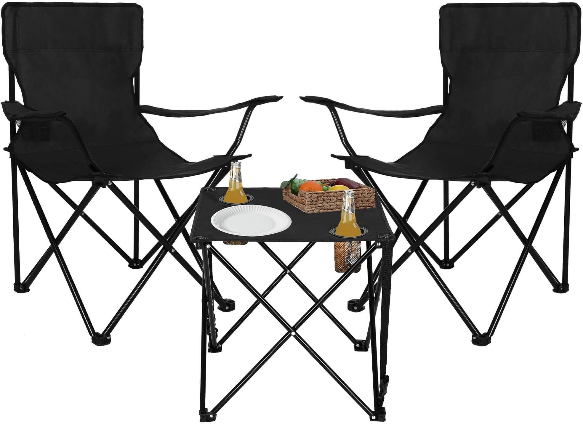 Zestaw turystyczny stolik i 2 krzesła z oparciem, składane meble kempingowe czarny CS0013+2xCS0001