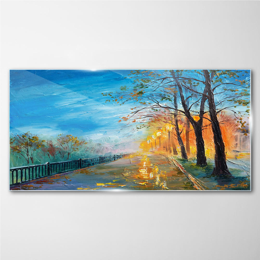 PL Coloray Obraz na Szkle malarstwo drzewa park lampy 140x70cm