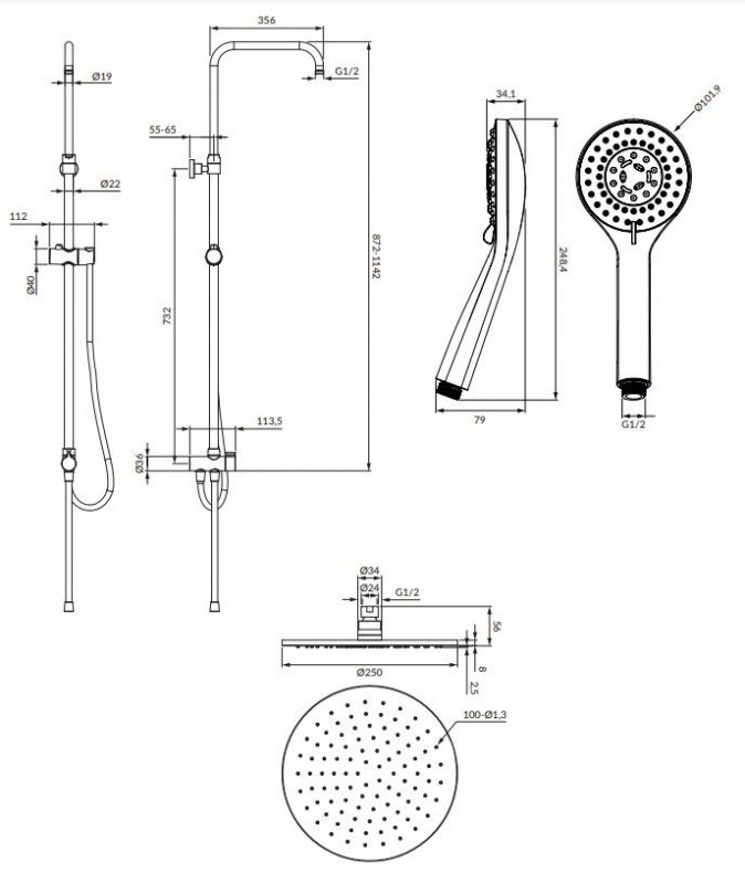 Omnires Yosemite Zestaw prysznicowy ścienny z deszczownicą czarny SYSYOSEMITELUXBL