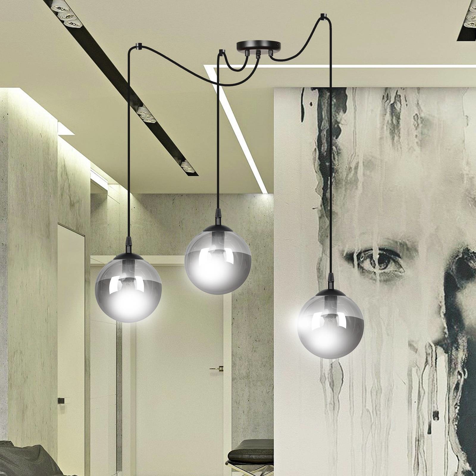 EULUNA Lampa wisząca Glassy 3-pkt. decentralna, grafitowa