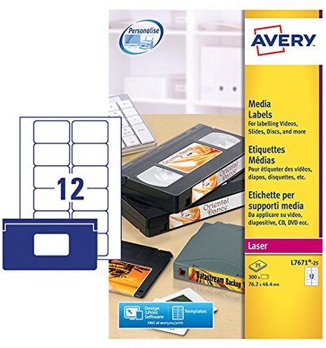 Avery L7671 25 Video Face zapewnia drukarka laserowa/LED (76,2 X 46,4 MM, 12 etykiet na skrzydło A4, 25 arkuszy) L7671-25