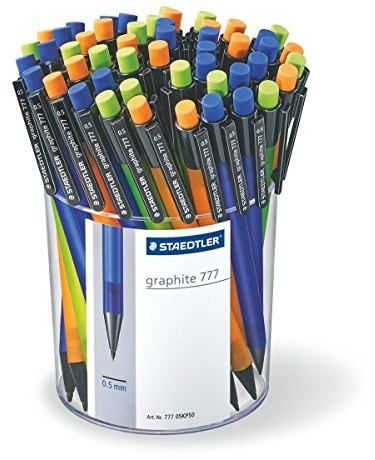 Staedtler 777 05 KP50 ołówek automatyczny Graphite wypełnione nadzieniem z chwytem B-kopalni wkład, średnica 0,5 MM, 3 kolorów, opakowanie 50 sztuk w kołczanie Niebieski/pomarańczowy/zielony 4007817777411