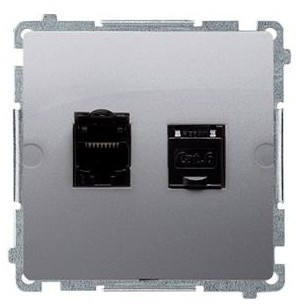 Kontakt Simon Kontakt_Simon Gniazdo komputerowe RJ45. kategoria 6. podwójne z przesłoną przeciwkurzową (moduł). Montaż na łapki lub wkręty stal inox BM62.01/21