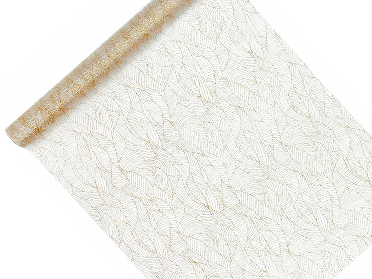Party Deco Organza biała ze złotym wzorem - 48 cm x 9 m. ORD48-008-5