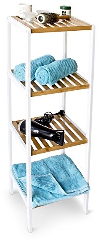 Relaxdays Regał łazienkowy bambus regał z 4 szufladami HBT 112 x 34,5 x 31,5 cm elegancki 4 półki z naturalnego drewna z  regał stojący regał jako regał kuchenny lub drewna do przechowywania w łazience 10017703
