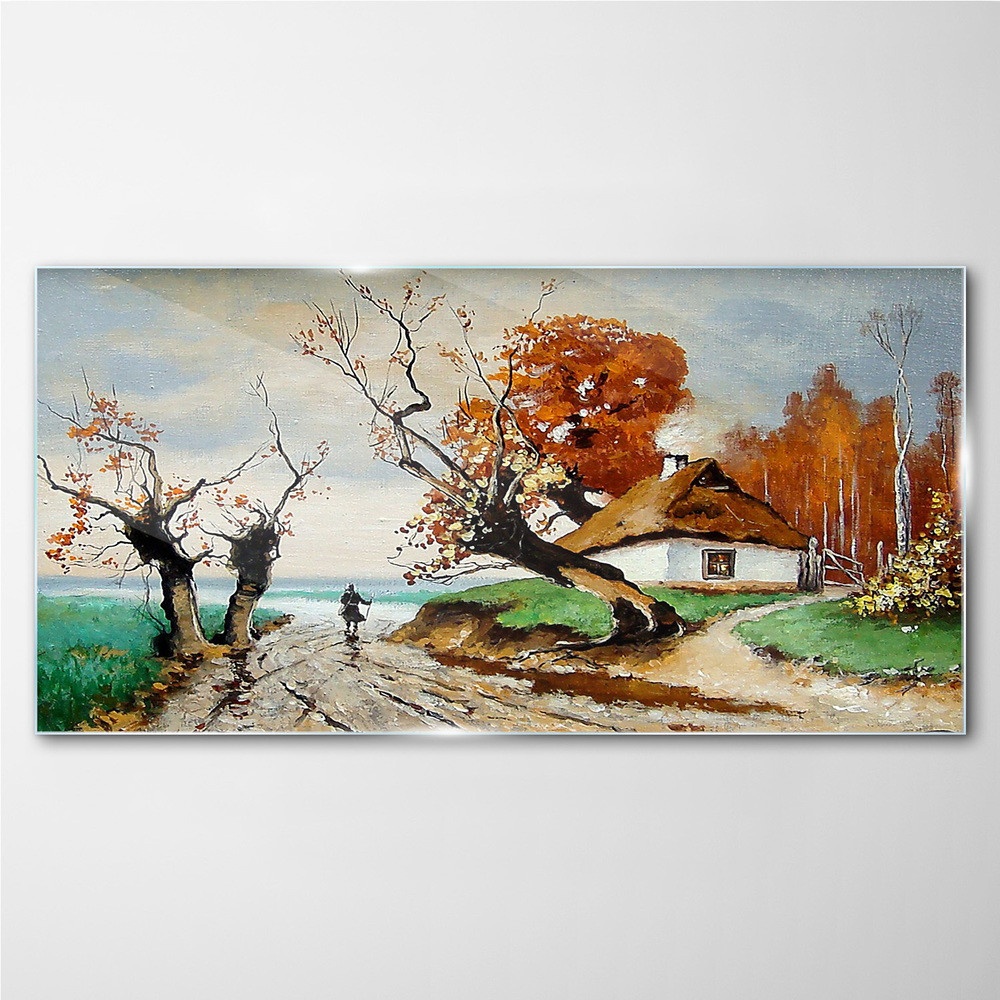 PL Coloray Obraz na Szkle Abstrakcja Wieś Chata Drzewo 100x50cm