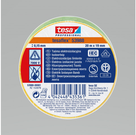 Tesa Taśma elektroizol.5000v pcw 20m:19mm zielono-żółta(h5394899) H5398881