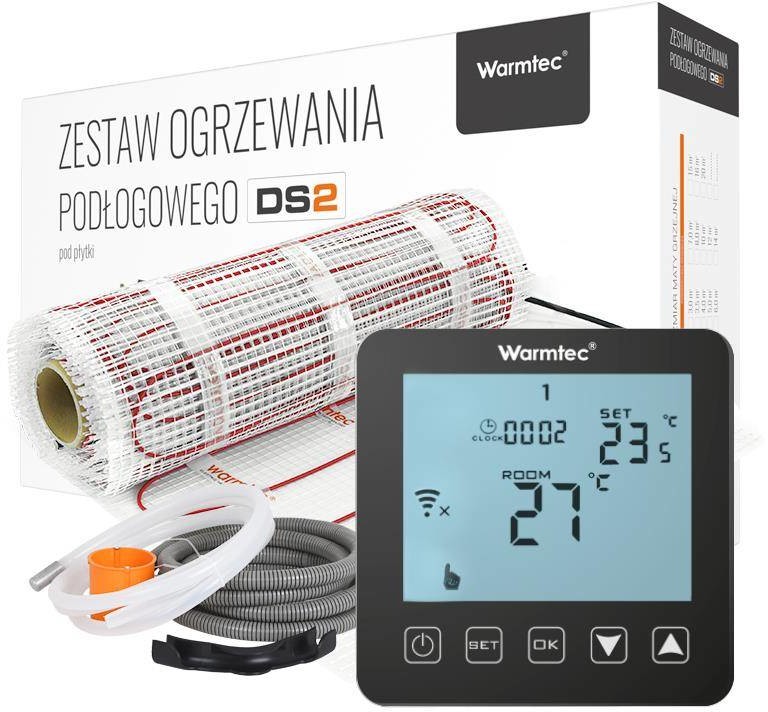 Warmtec Zestaw ogrzewania podłogowego pod płytki mata grzewcza DS2-05 0,5m 170W/m + regulator temperatury PRT-01 czarny WiFi wyświetlacz LCD DS2-05/PRT-CZ