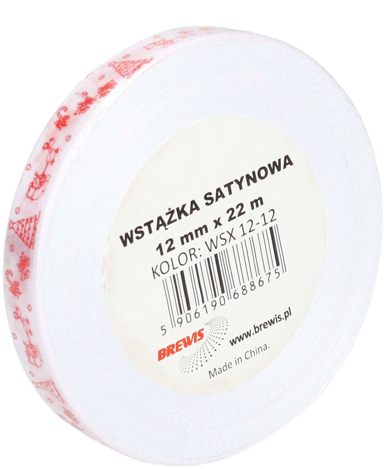 BREWIS Wstążka satynowa 12mmx22m motyw święta biało/czerwona Brewis