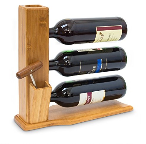 Relaxdays stojak na wina na 3 butelek wys. x szer. x głęb.: 32 x 12 x 34 cm regał na wino do postawienia z drewna bambusa mała półka na butelki z uchwytem na miejsce na korki do butelek i otwieracz do 10019143