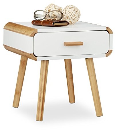 Relaxdays stolik nocny 1 szuflada, drewniana szafka nocna, zajmujące niewiele miejsca  komoda do sypialni, wys. x szer. x gł.: 41 x 40 x 40 cm, biały 10020976