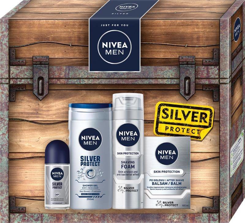 Nivea Men Silver Protect zestaw pianka do golenia 200ml + żel pod prysznic 250ml + balsam po goleniu 100ml + antyperspirant roll-on 50ml