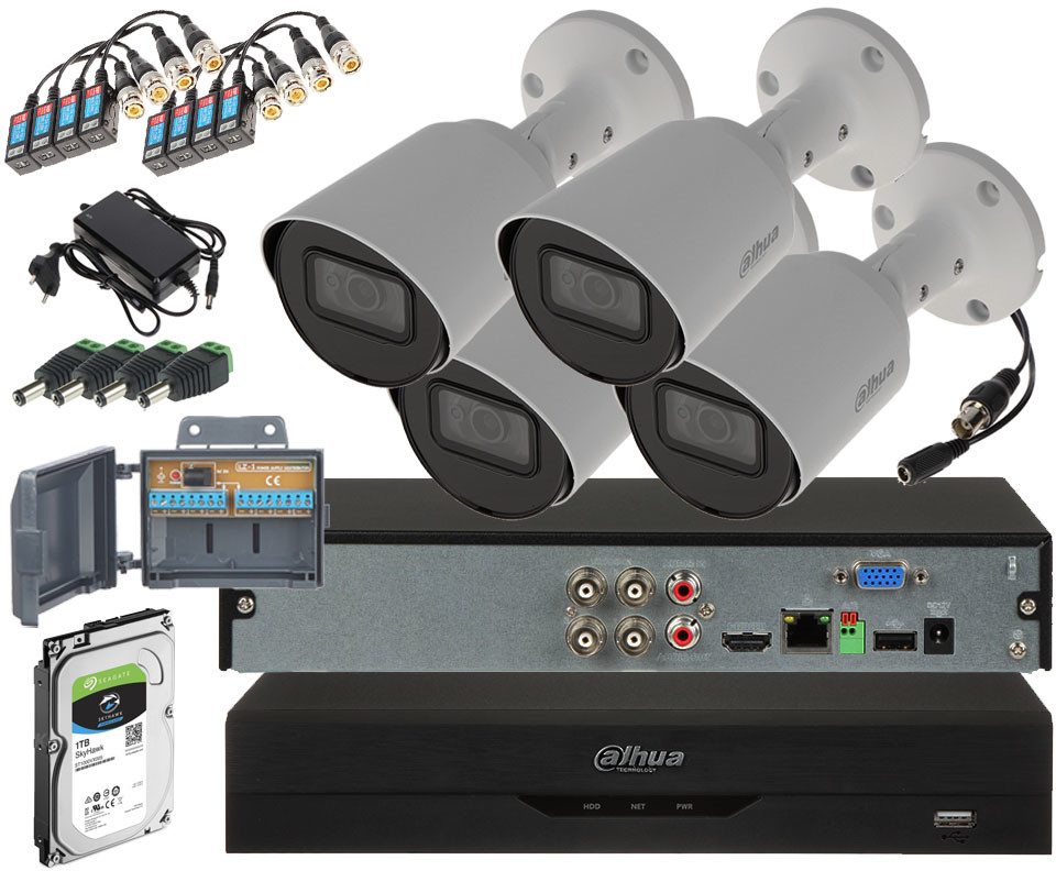 Dahua Zestaw monitoring 4 kamery HAC-HFW1200T-0280B-S5 Full HD 2Mpx 2.8 mm IR-30m HAC-HFW1200T-0280B-S5/XVR5104HS-I2