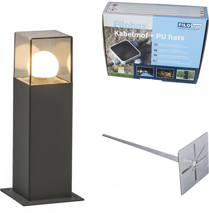 QAZQA Lampa zewnętrzna 30 cm antracyt IP44 z klinem ziemnym i mufą kablową - Denmark