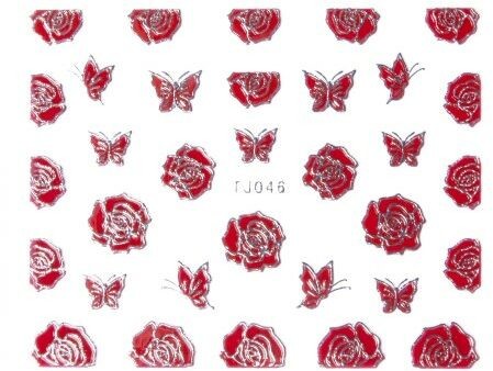 Allepaznokcie Naklejki 3D Kwiatki TJ046 Czerwona ze srebrną obwódką arkusz