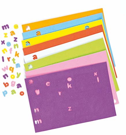 Baker Ross Baker Ross EK624 samoprzylepne małe litery alfabet (opakowanie 1100 sztuk) puszyste naklejki z scrapbookingiem w zabawnych kształtach piankowych, Asst Colours EK624
