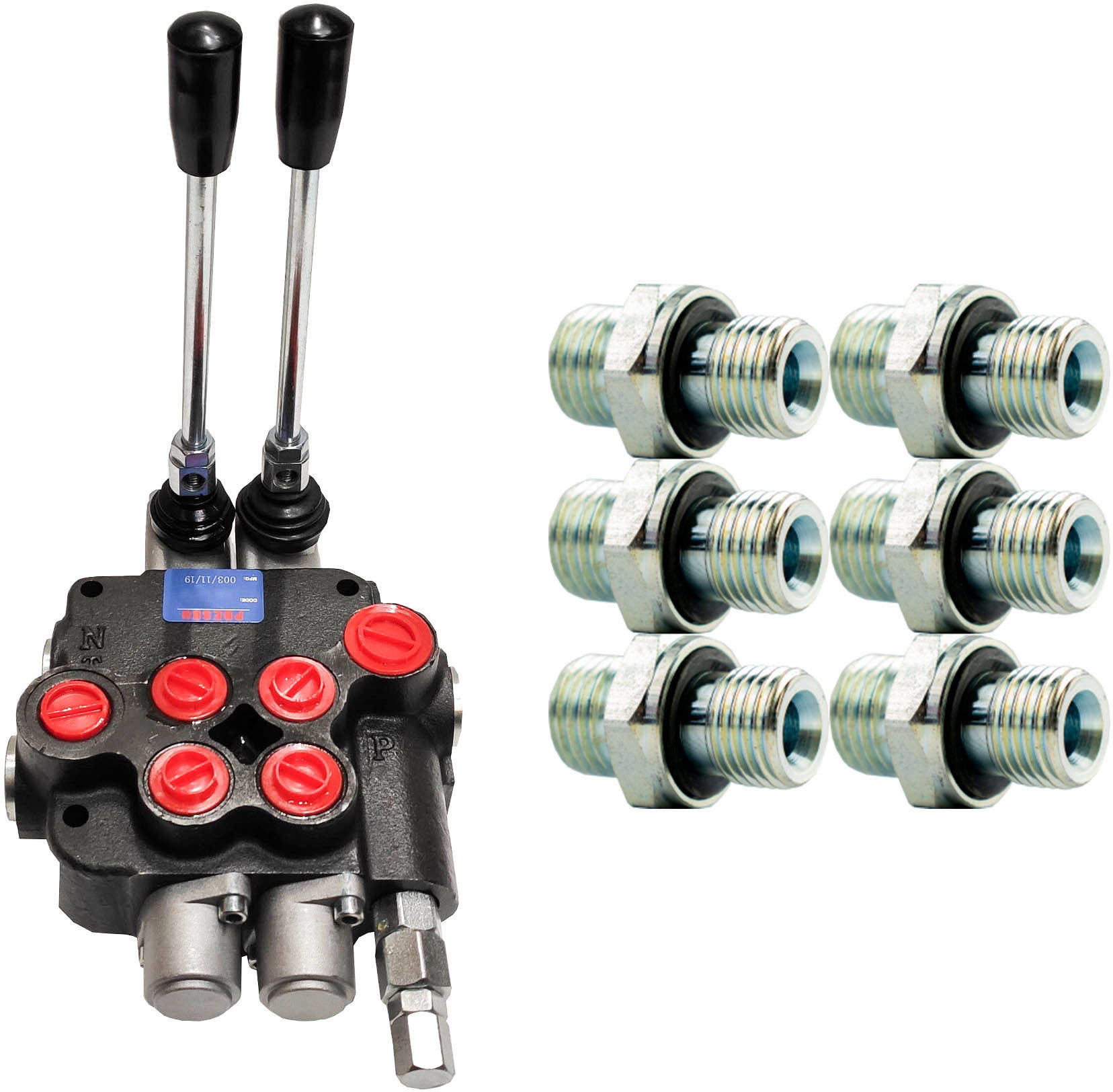 PRESKO Rozdzielacz hydrauliczny  PRESKO 2-sekcyjny 80L - w zestawie z przyłączami 02p80;1CB-22-08WD[4];1CB-22-12WD[2]