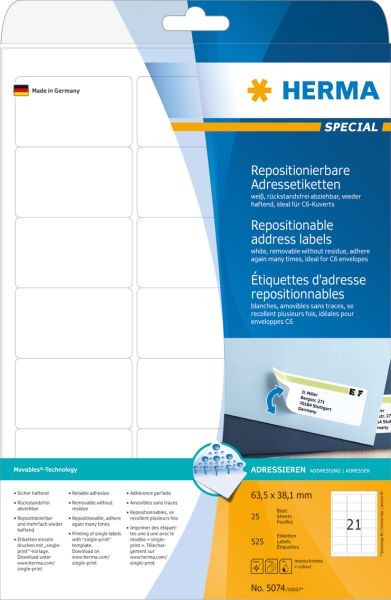 Herma Adressetik. A4 wei 63,5x38,1 mm abl. Papier 525 St. - 5074