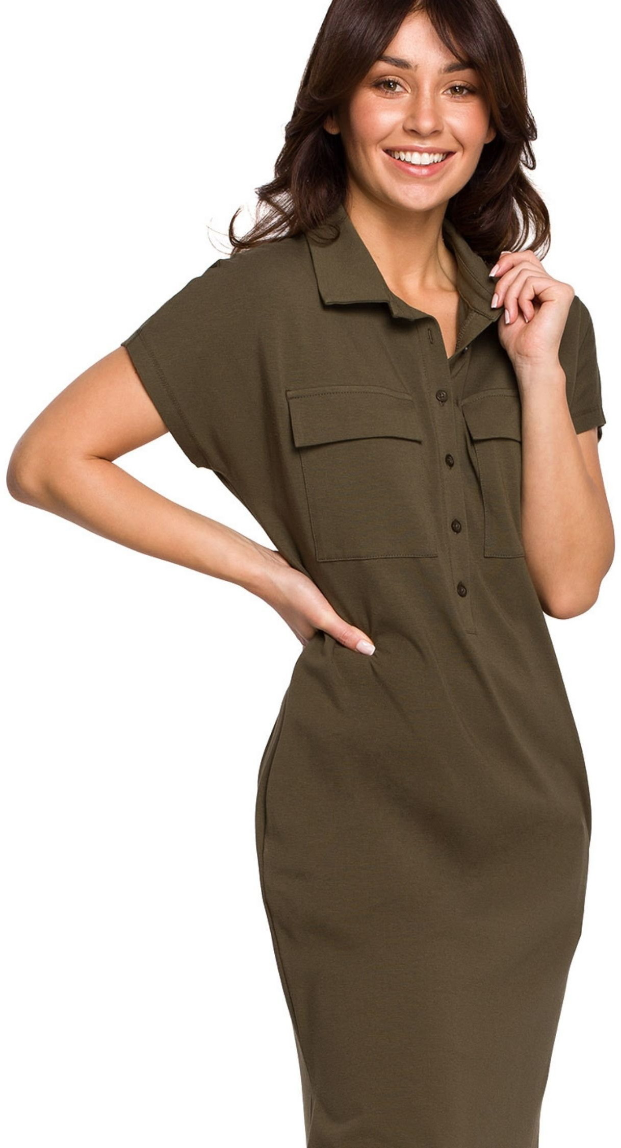 SukienkiShop Sukienka koszulowa na lato szmizjerka z kołnierzykiem zielona bawełna - SukienkiShop