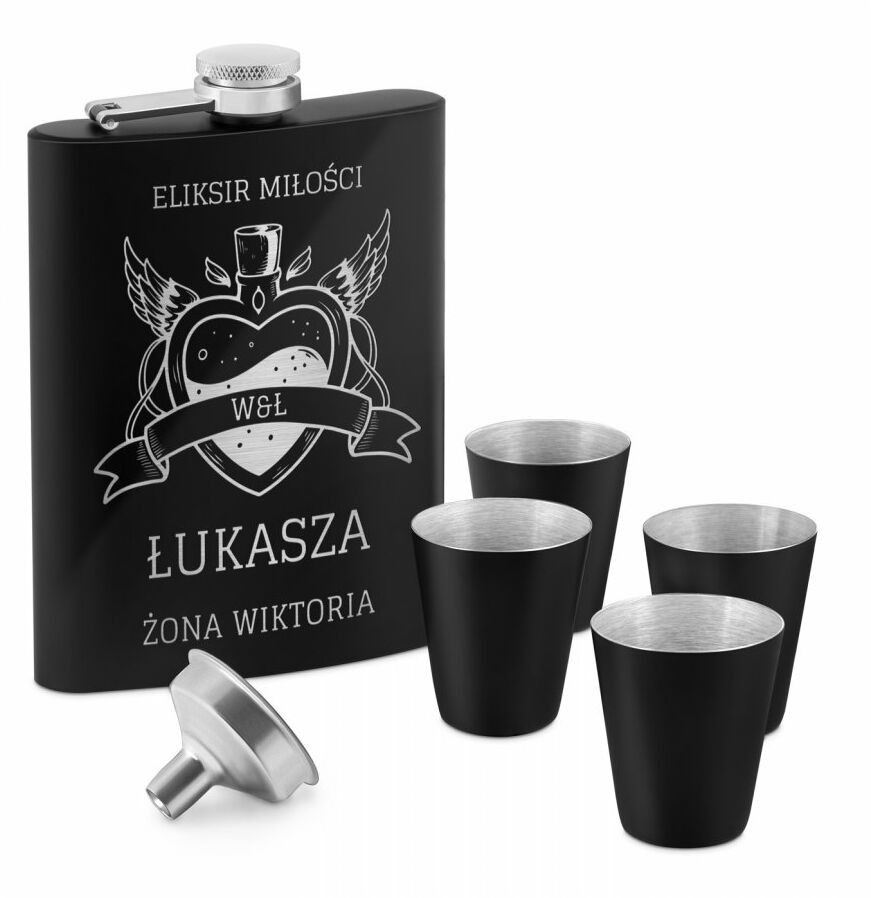 Murrano Piersiówka czarna z 4 kieliszkami i grawerem dla męża na rocznicę wal PIER-BK-009