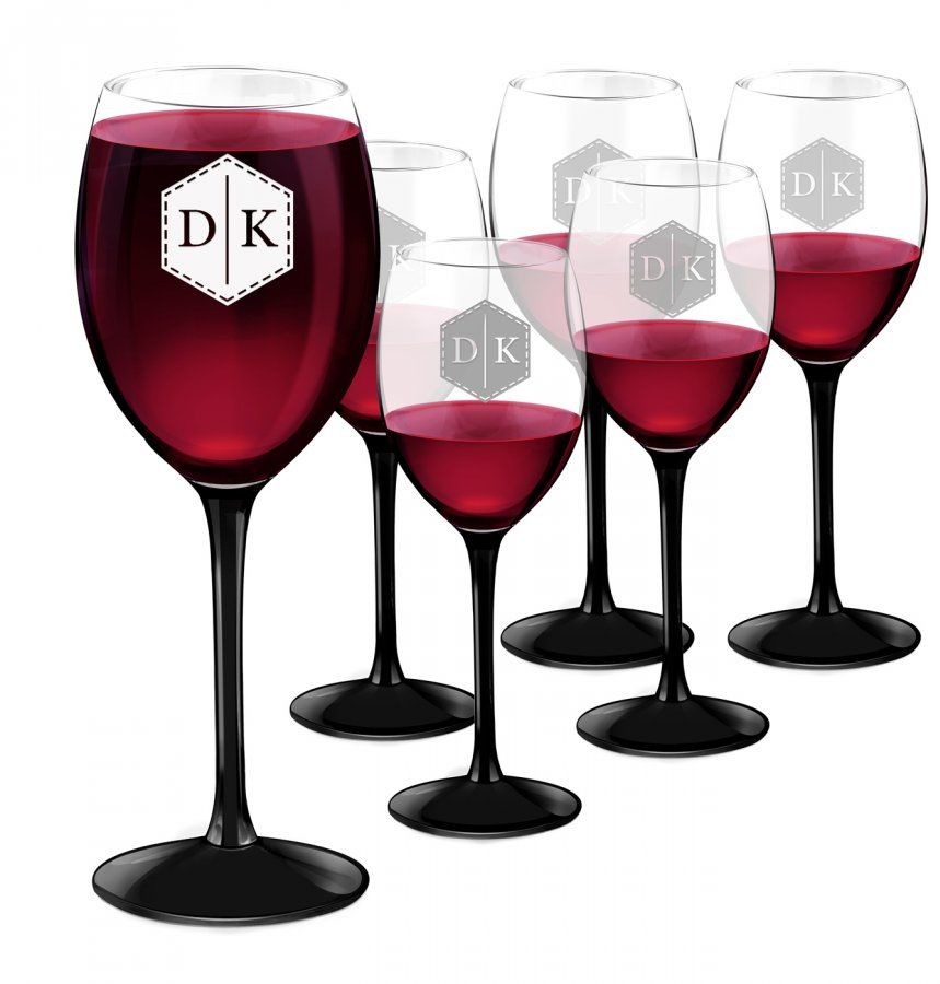Murrano Kieliszki szklane x6 do wina z czarną nóżką onyx z grawerowanymi ini 6xSKI-ONYX-012