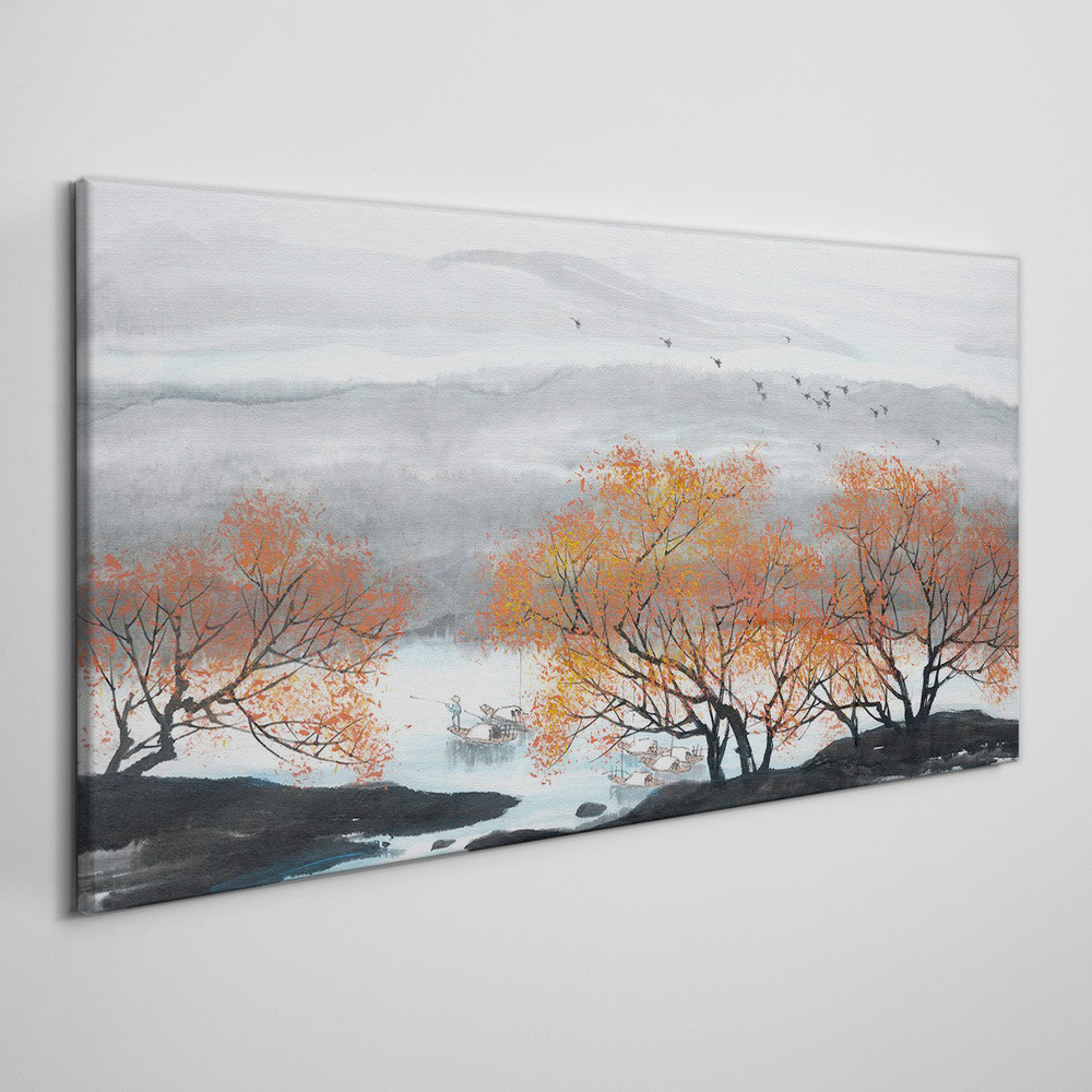 PL Coloray Obraz na Płótnie Góry Drzewa Łodzie 140x70cm